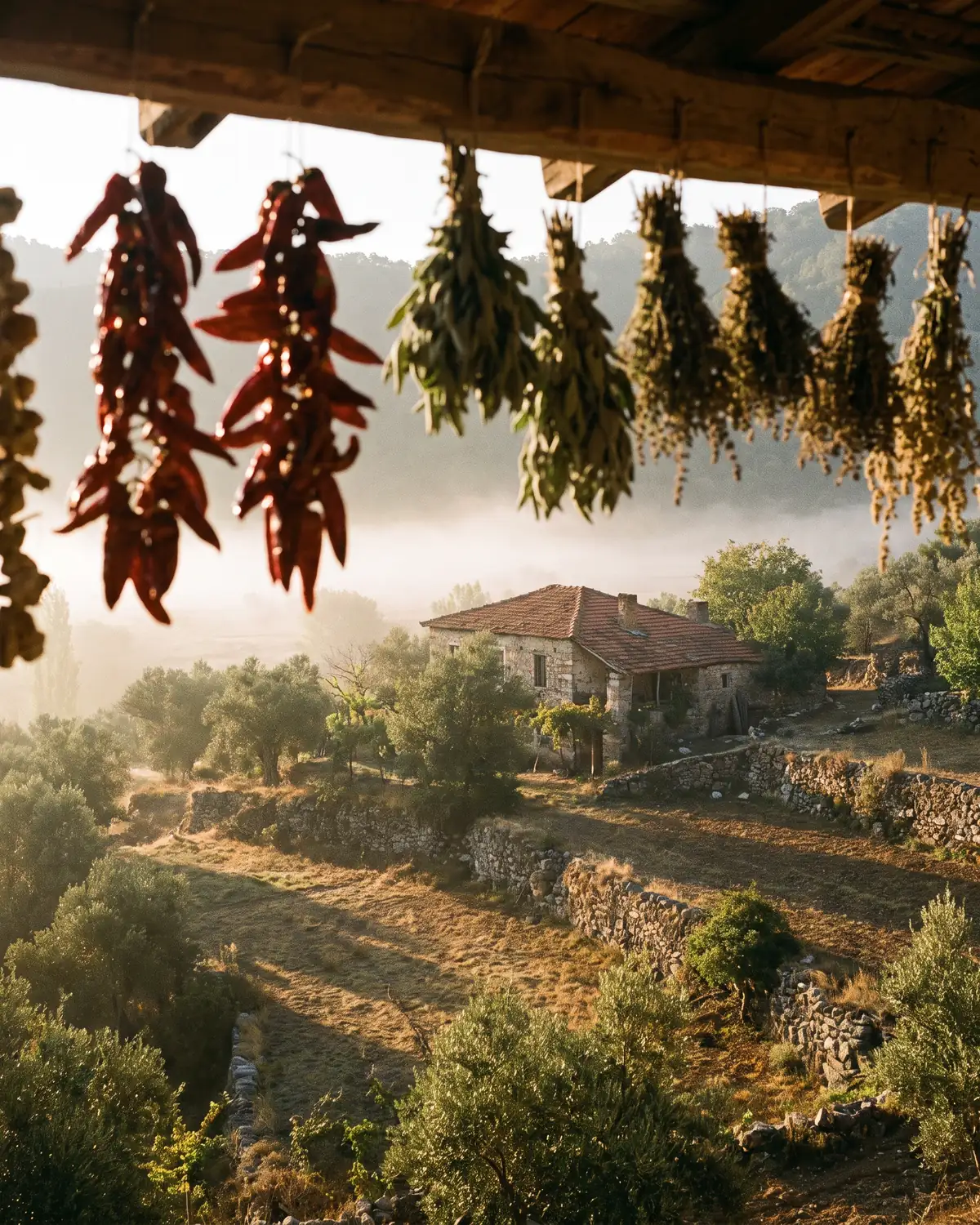 Şafakta taraça bahçeler ve taş bir köy evi; önde kurumaya asılmış otlar ve kırmızı biberler